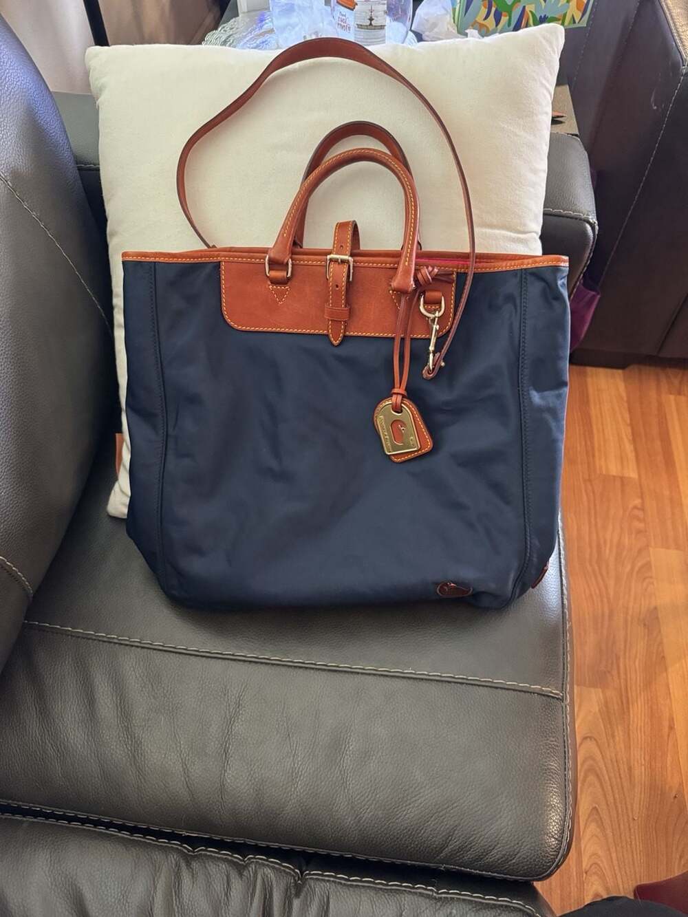 Dooney & Bourke Nylon Tote Bag Blue Tan Leather